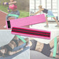 Pink loop resistance band with black grip stripes and label tag