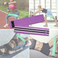 Purple yoga loop resistance band with black grip stripes and label tag