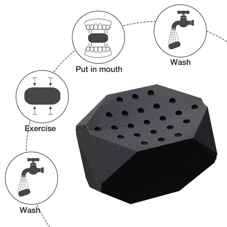Black silicone masseter ball jaw exerciser, hexagonal dotted pad for mouth use