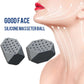 Silicone masseter ball jaw exerciser, gray hexagonal dotted pad beside face model