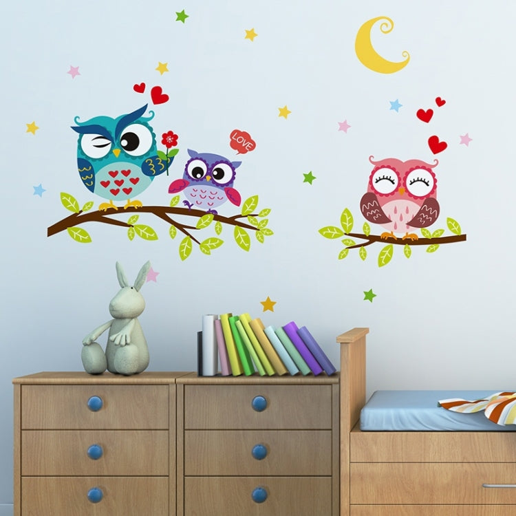 Kids wall sticker set: owls with moon, stars, and hearts