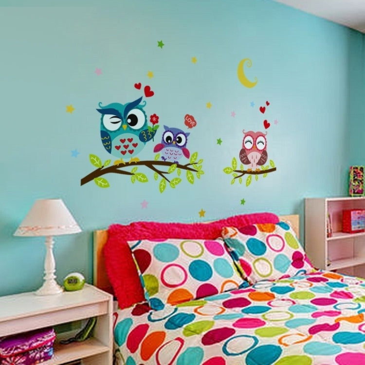 Kids wall sticker set: owl decals with moon, stars, and hearts