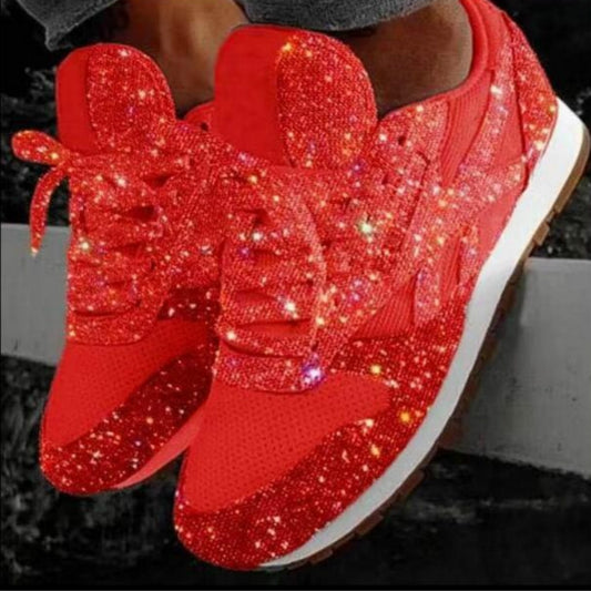 Women's red sequin platform sports shoes with lace-up front and white midsole