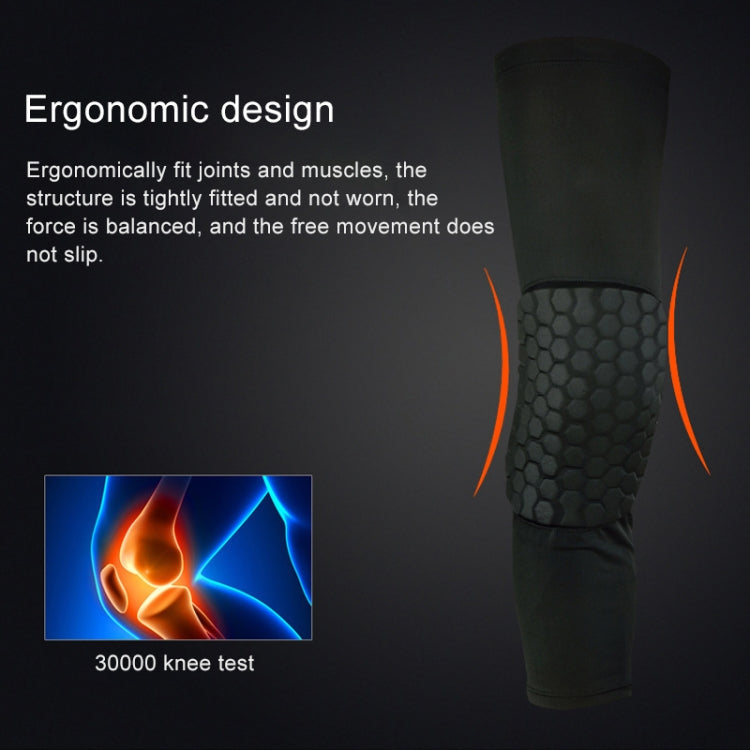 Black long knee pad sleeve with textured honeycomb pattern and tapered ergonomic fit