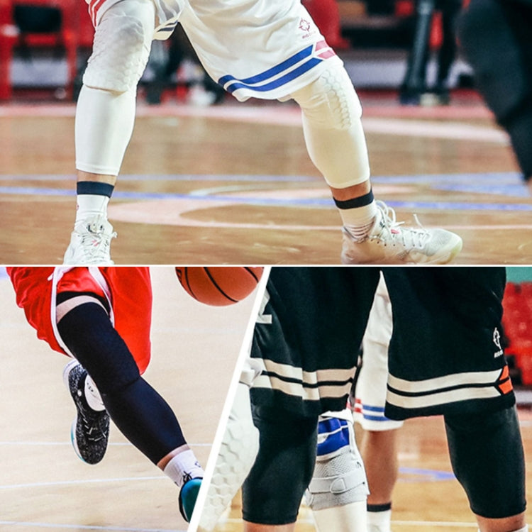 Knee pads worn by athletes, showing white and dark sleeves with padded knee guards