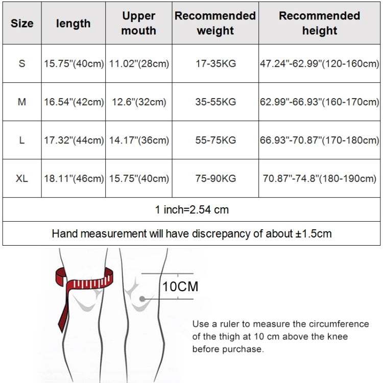 Size chart for knee pad sleeves: lengths, weight, and recommended heights by size