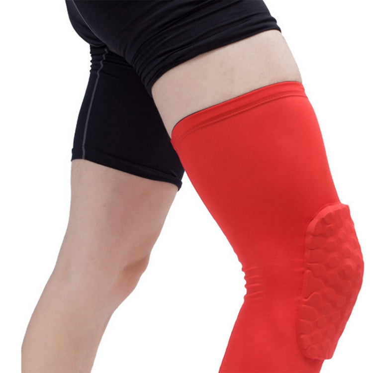 Red long knee sleeves with honeycomb textured shock-guard pad