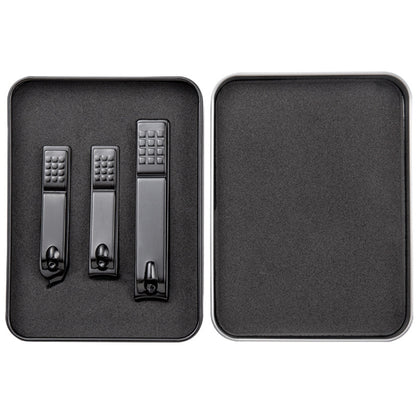 Black 3-in-1 nail shear tool set in compact case, three pieces visible