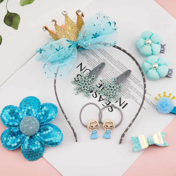 Girls hair accessories set with blue sequin flower headband, crown bow, dangling clips