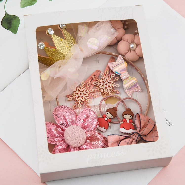 Pink girls hair accessories set in gift box with sequined bow and crown headband