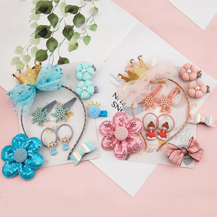 Girls hair accessories set assorted in blue and pink with bows, crowns, and headbands
