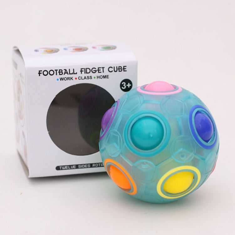 Luminous blue fidget ball with rotating puzzle panels and pink top dome
