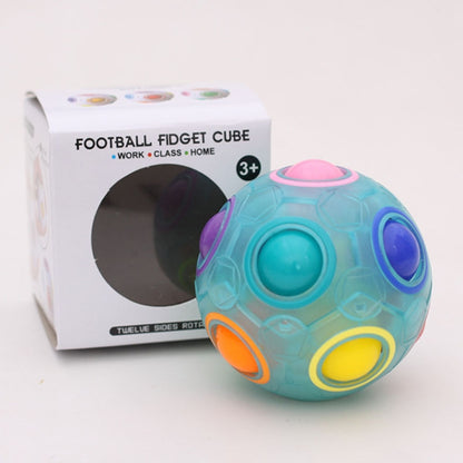 Luminous blue fidget ball with rotating puzzle panels and pink top dome