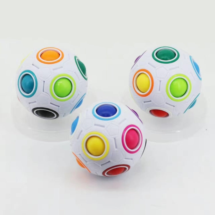 Set of three white fidget balls with multicolor circular button panels