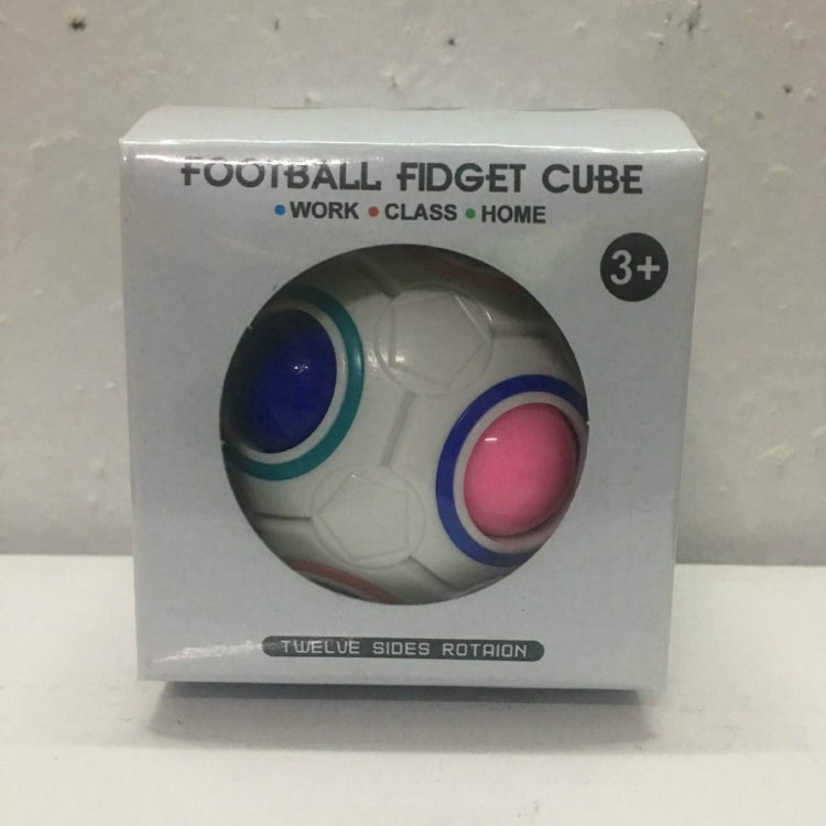 Boxed fidget ball toy with white shell, blue window, and pink center button