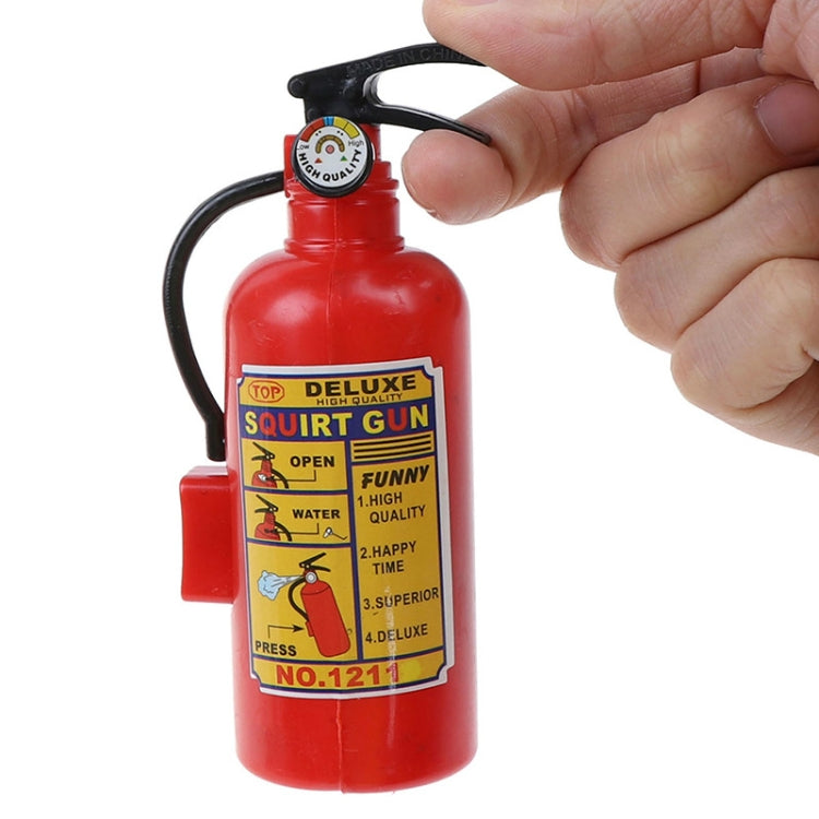 Red plastic toy fire-extinguisher squirt gun with black handle and spray nozzle