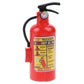 Red plastic toy fire-extinguisher squirt gun with front label, black hose, black lever