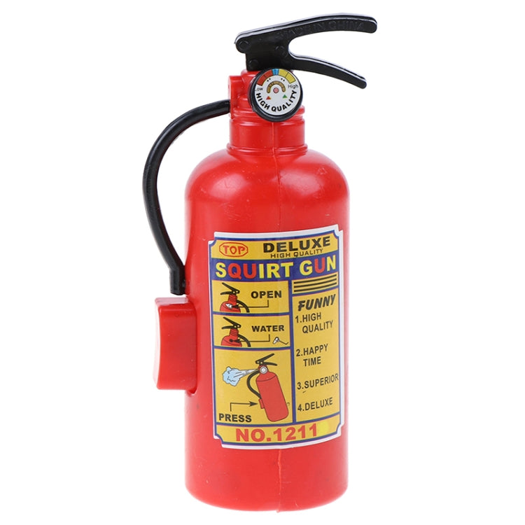 Red plastic toy fire-extinguisher squirt gun with front label, black hose, black lever