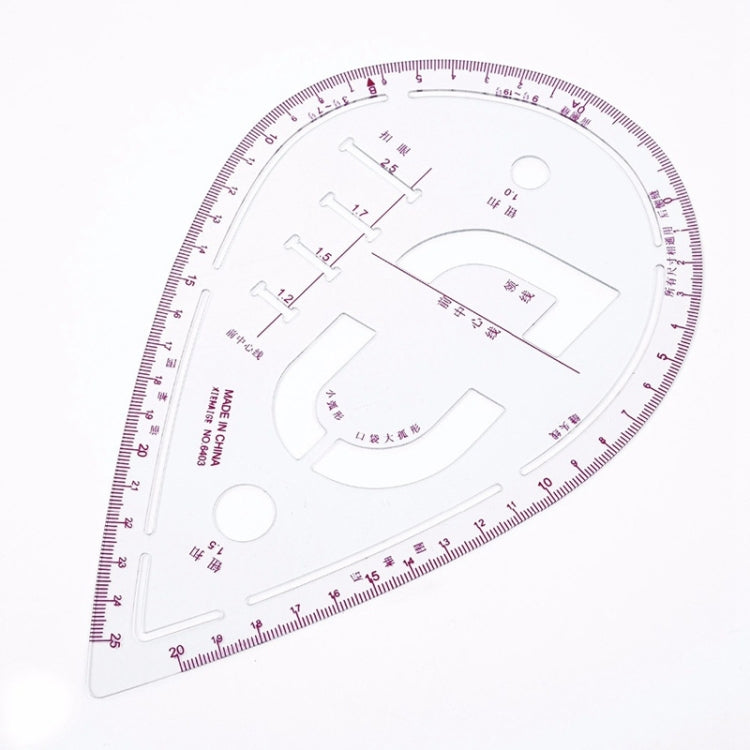 Transparent curved metric ruler with printed guide lines, cutouts, and degree scale