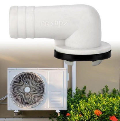 Air conditioner elbow drain outlet nozzle for outdoor unit, white plastic with black seal