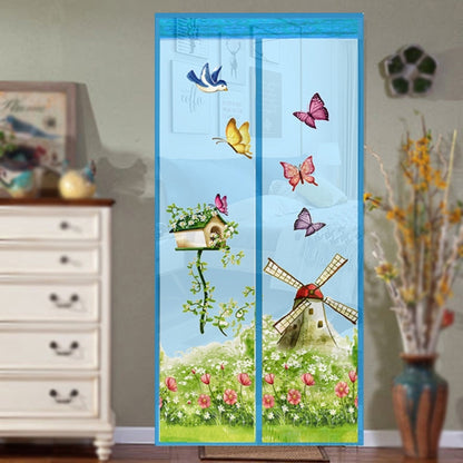 Sky blue magnetic mesh fly screen curtain with butterflies and windmill garden print