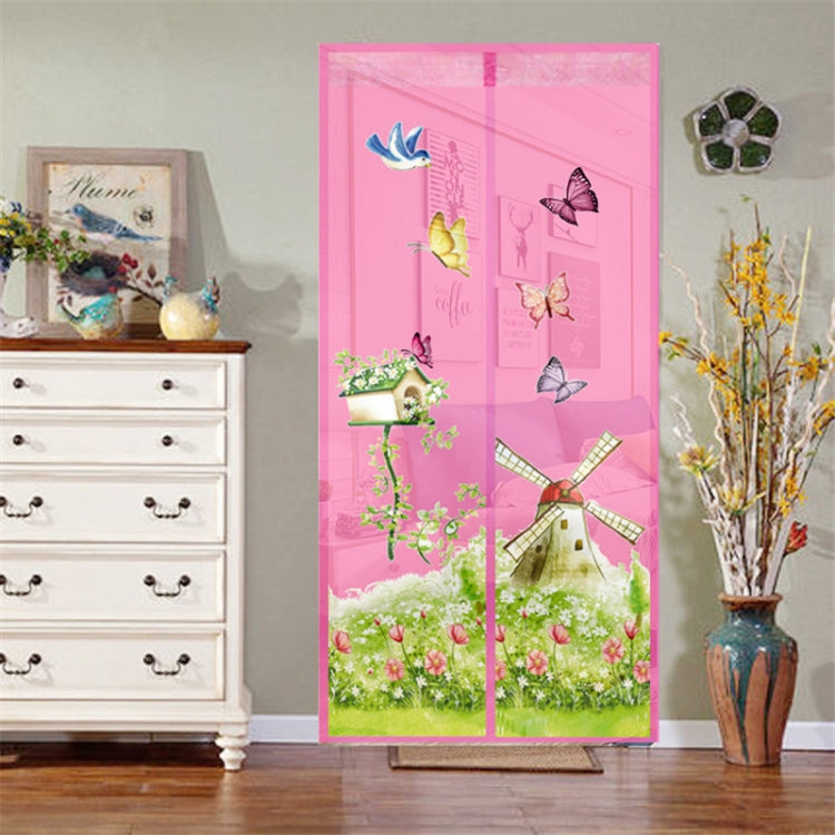 Pink insect screen curtain with butterflies and windmill garden print, magnetic mesh