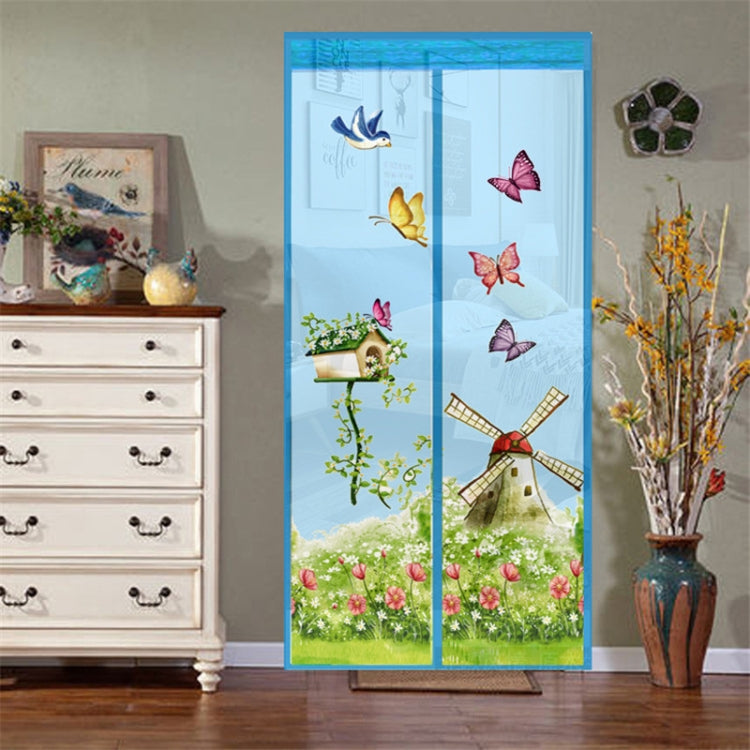 Blue insect screen curtain with butterflies and floral garden print, magnetic mesh