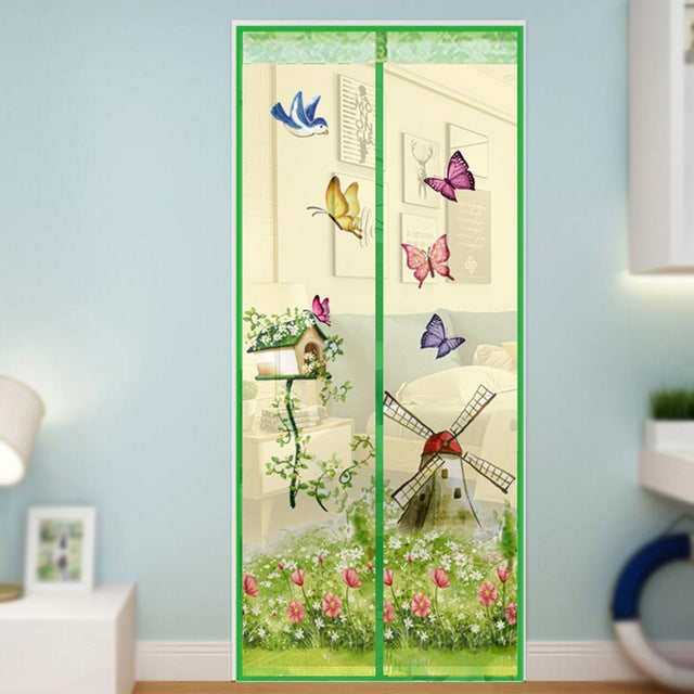 Sky blue magnetic insect screen curtain with butterfly and windmill print