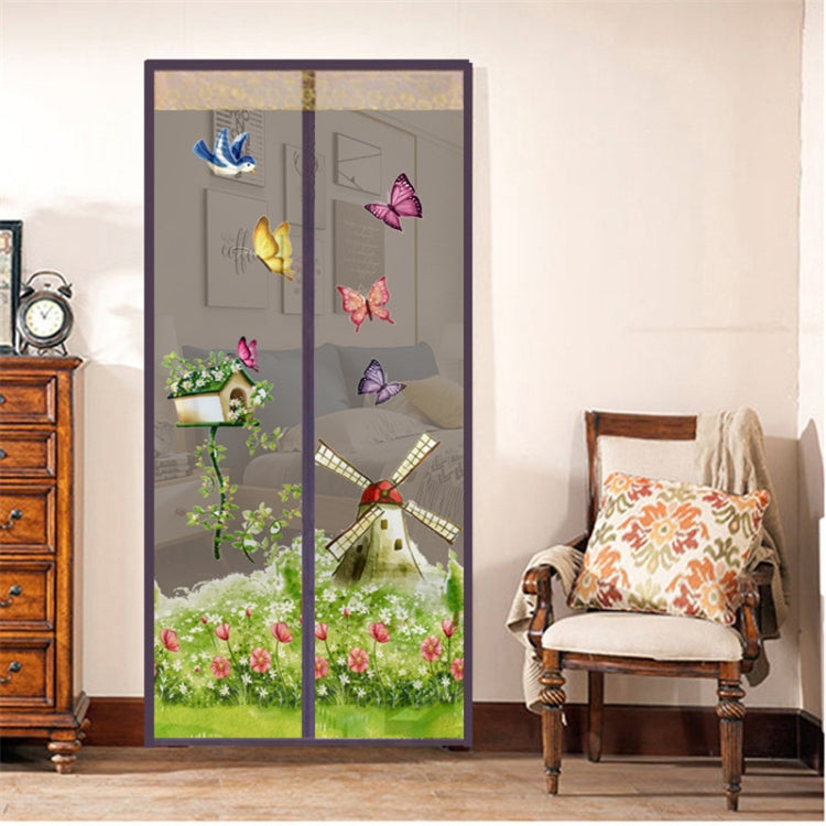 Dark green magnetic insect screen curtain with butterfly and windmill print