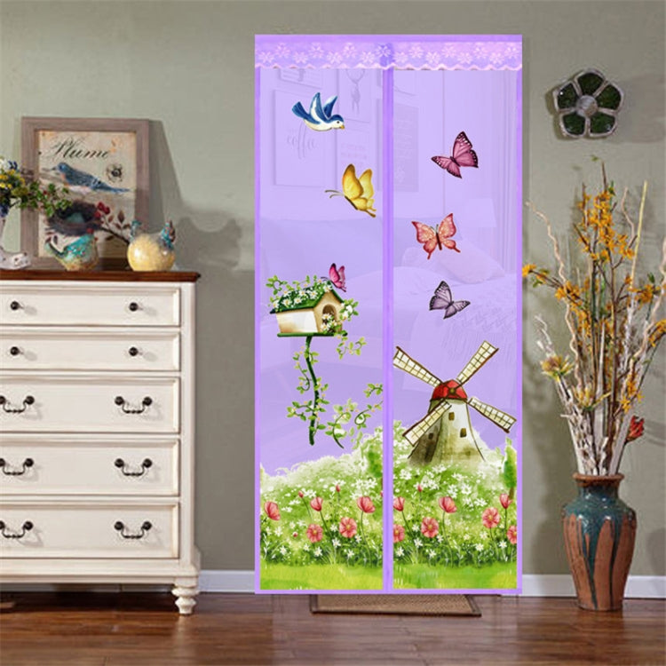 Purple magnetic insect screen curtain with butterfly and windmill print