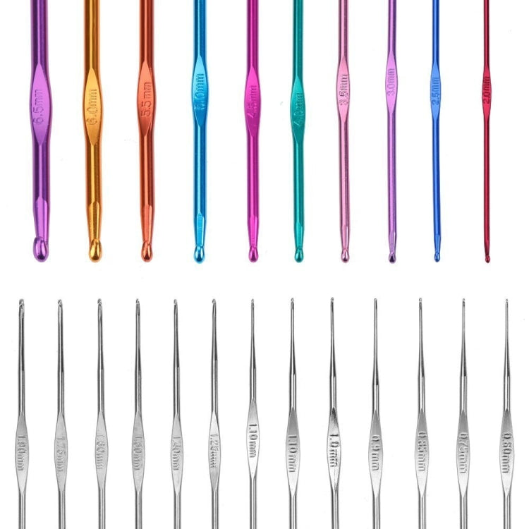 Colored crochet hooks and metal knitting needles, assorted sizes