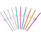 Assorted crochet hooks in rainbow colors with printed size labels