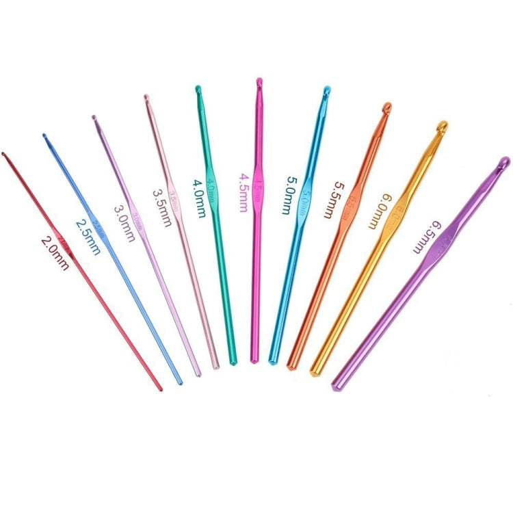 Assorted crochet hooks in rainbow colors with printed size labels