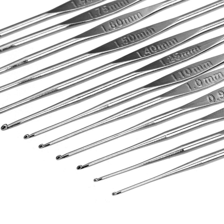 Stainless steel crochet hooks with engraved size markings, assorted lengths