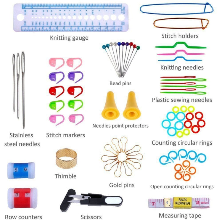 Knitting tool kit accessories: needles, stitch markers, tape, scissors, and counters