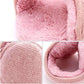 Pink plush earmuffs with knit outer band and soft fur-lined ear cushions