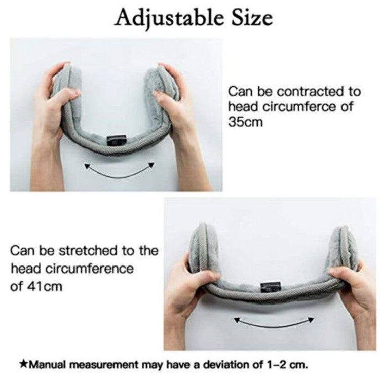 Gray adjustable earmuffs with foldable ear cover and sizing strap with buckle