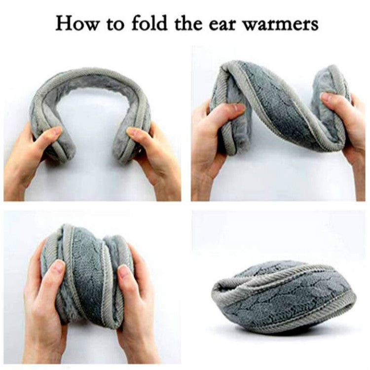 Gray earmuffs shown folded for storage, with textured knit ear pads