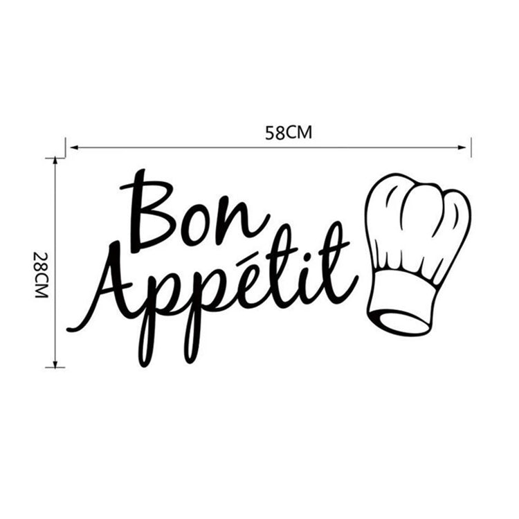 Kitchen wall sticker showing 'Bon Appetit' and chef hat with 58×28 cm