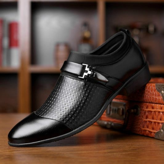 Men's black slip-on dress shoe with silver textured panel and metal buckle detail