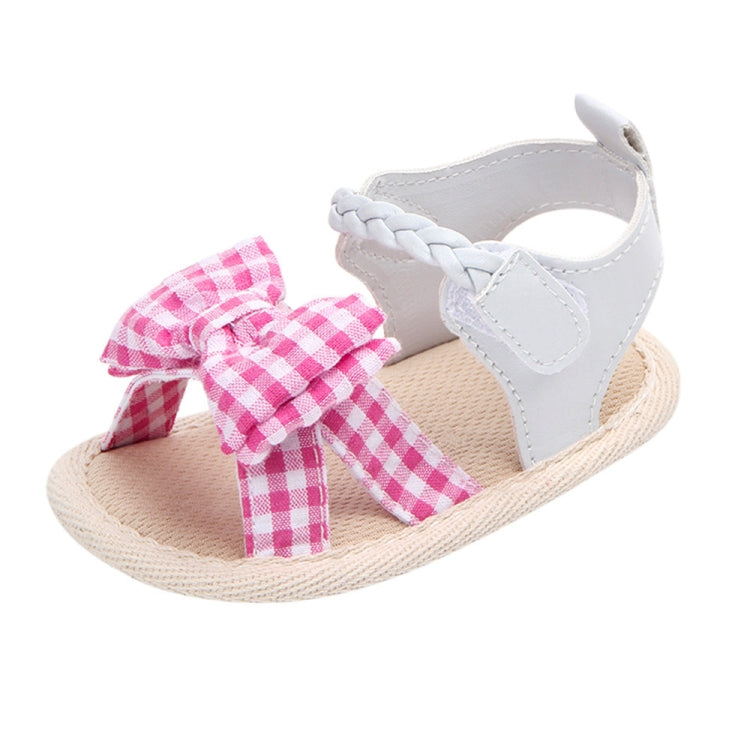 Baby girls sandal with pink check bow on white T-strap and soft woven sole