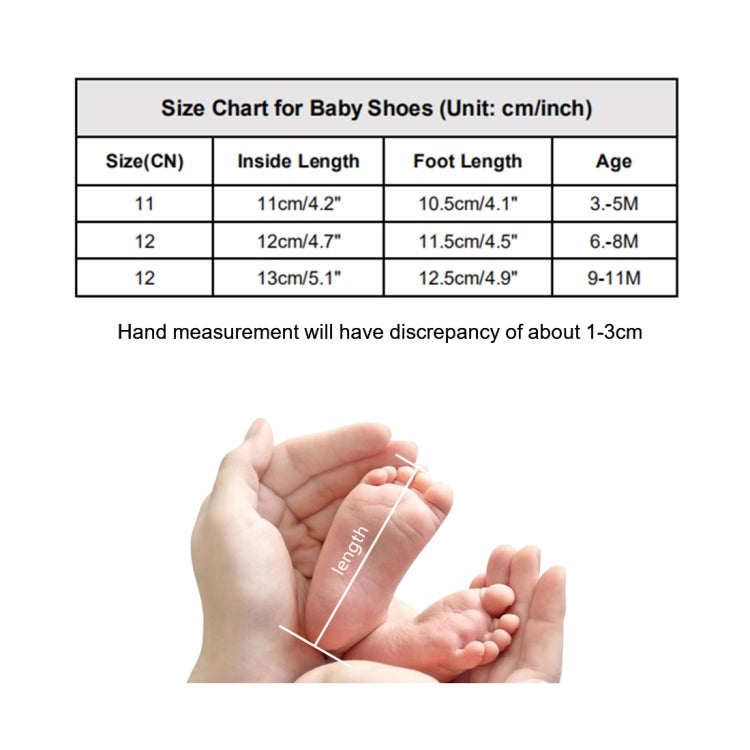 Baby shoe size chart showing inside length and foot length, with hand measuring