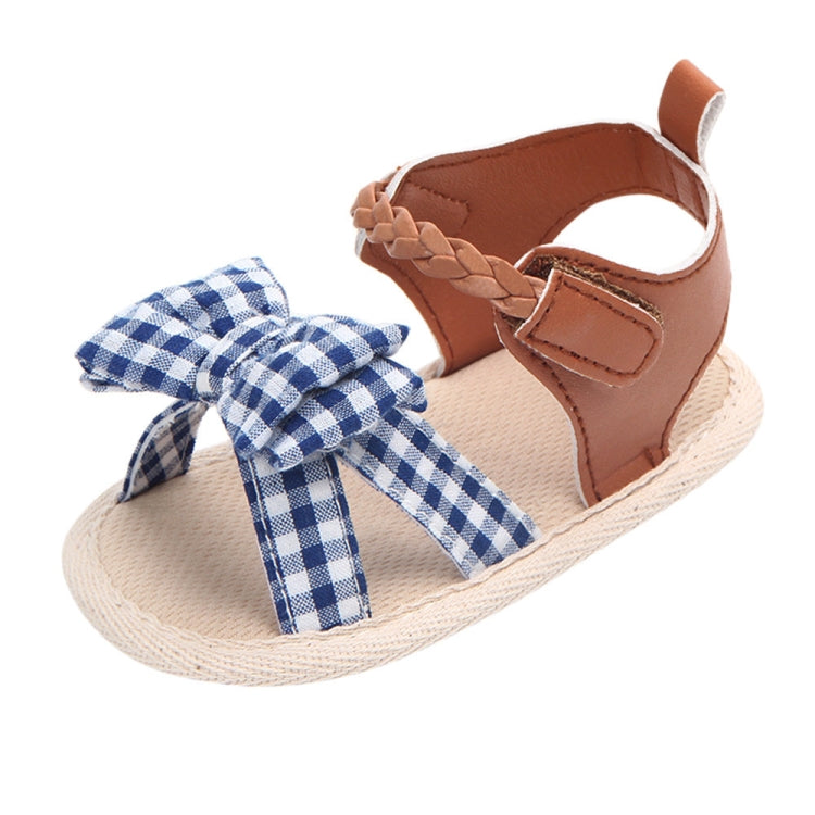 Baby girls sandal with blue check bow, brown strap, and braided-look woven sole
