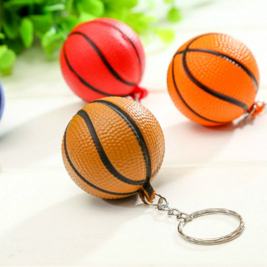 Mini plastic basketball keychain, red basketball with black lines and metal keyring