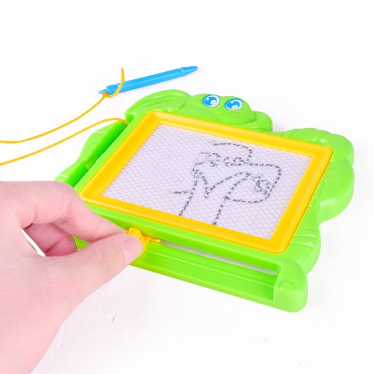 Green plastic magnetic writing board with yellow border, blank white screen, hand-held view