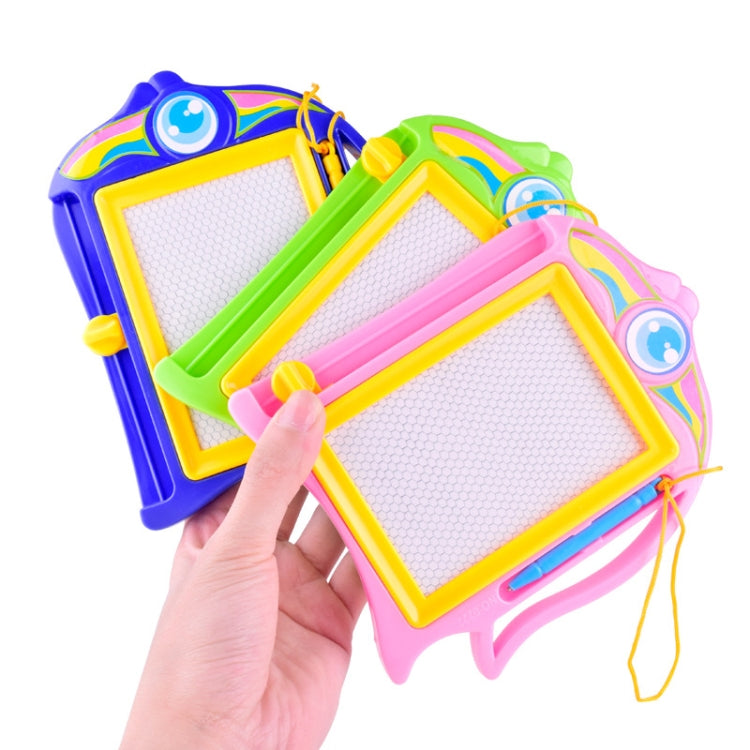 Magnetic drawing board set showing colored frames, blank screens, and fingers pressing one board