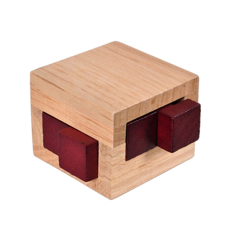 Wooden Kongming lock puzzle with maroon sliding blocks on two sides