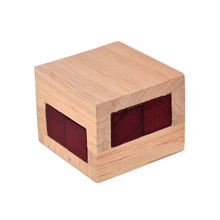 Wooden Kongming lock puzzle box with maroon sliding blocks in front panel