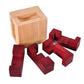 Wooden Kongming lock puzzle with open wooden base and separated maroon pieces