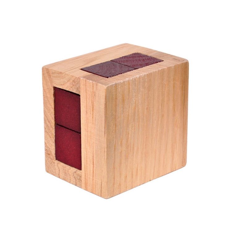 Wooden Kongming lock puzzle with maroon inlay and top recessed opening